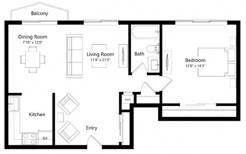 Floor plan for 1 bed, 1 bath, 721 sqft